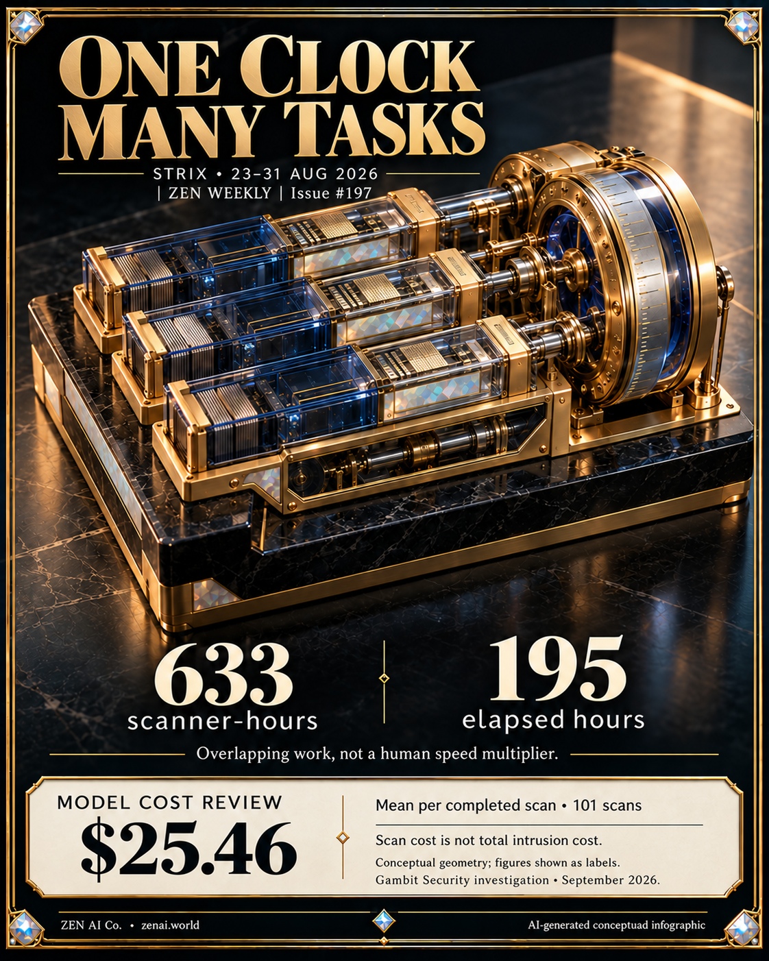 Parallel sapphire processing channels share one gold elapsed-time mechanism, with scanner-hour and model scan-cost labels.
