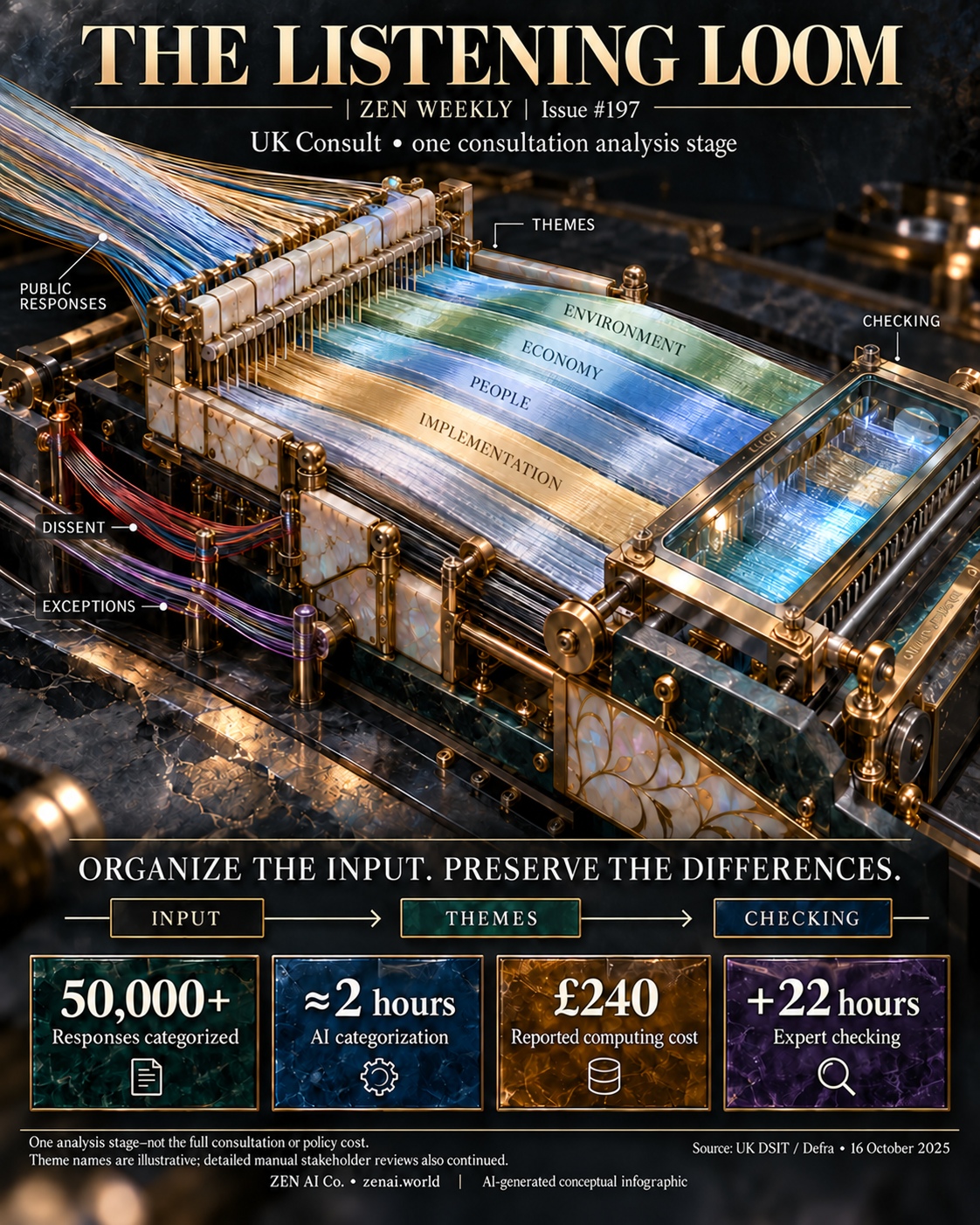 A conceptual loom illustrates organizing consultation responses into themes and keeping expert review.